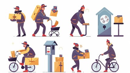 Various postal characters carrying mail, flat modern illustration on white background. Sending mail, carrying parcels, riding bicycles, moving boxes with trolley.