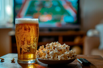 Glass of beer with popcorn on table, watching sports on TV in background.
