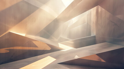 Geometric shapes of different sizes and angles create an abstract modern design with sunlight reflecting off the surface.