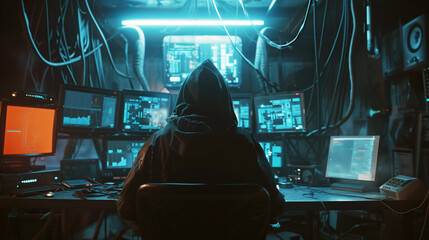 A hooded figure immersed in a sophisticated digital hacking setup, surrounded by multiple screens and technological devices.