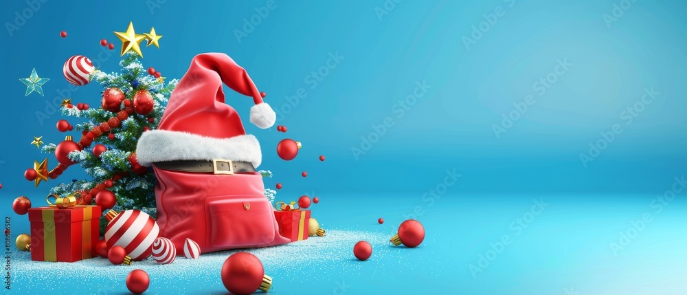 Poster A Christmas tree, a gift box, candy, and a ball are all included in a Santa bag on a blue background.