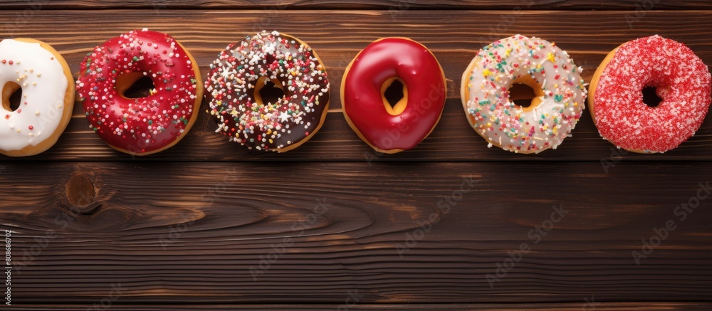 Sticker Top view of colorful donuts with sweet icing sugar and glazed sprinkles on a red wooden table The donuts have chocolate frosting and there is ample space for text or other elements in the image