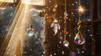 hanging crystal suncatchers with glass beads and brass rings, boho style hanging from the ceiling in front of a window, with sun rays shining through, with crystals and stars inside each one