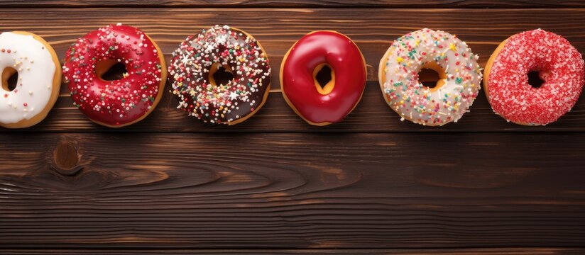 Top view of colorful donuts with sweet icing sugar and glazed sprinkles on a red wooden table The donuts have chocolate frosting and there is ample space for text or other elements in the image