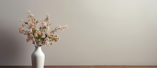 A small tree and bouquet of flowers are placed in a white vase on a wooden table with a blank space in the background for additional content - Powered by Adobe