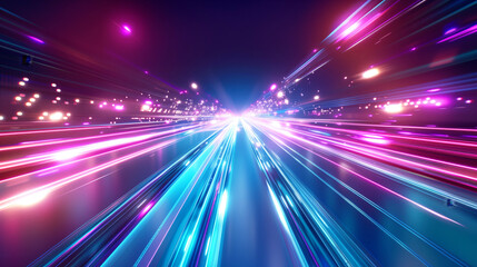 Dynamic futuristic cyber tunnel with vibrant neon lights and fast-moving digital data flows.