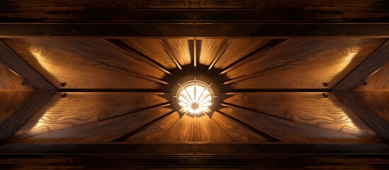 Copy space image of a square electrical fan with integrated lights mounted on an ornamental wooden ceiling beam