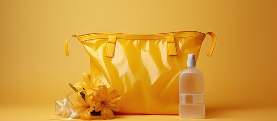 An arrangement featuring a cosmetic travel kit placed on a yellow background alongside a plastic bag Copy space image available