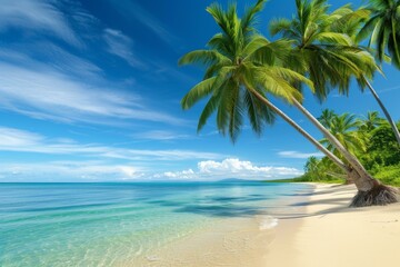 Sandy Beach with palm trees. Landscape sunset. Generate Ai