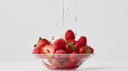 Coupelle de fraises et framboises avec filet de crème  blanche