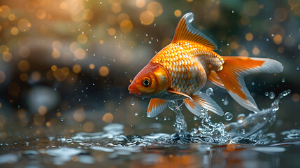 Goldfish Jumping Out of Chilled Water,
A fish jumping out of the water with the mouth open




