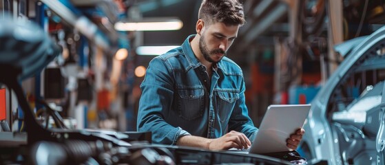 An attractive young engineer works on a laptop computer in a car assembly plant office managing projects. A talented industrial specialist works on parts for vehicles at a technological development