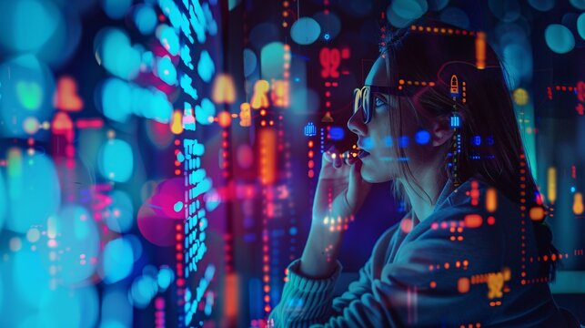 A digital hologram and a woman using a tablet contemplate data analytics and technology, while a person in glasses works on a 3D screen for programming and cybersecurity research.