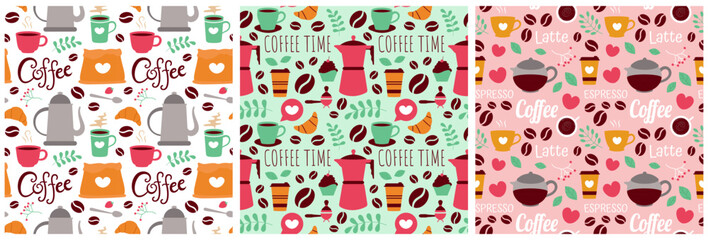 Coffee Time Seamless Pattern Design With Cacao Beans, Grains and Jug in Cartoon Flat Illustration