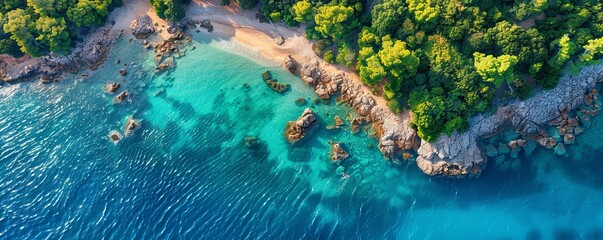 Aerial view of crystal clear water along the coastline with rocky seabed on Veliki Brijun Island, Brijuni National Park, Istria, Croatia.