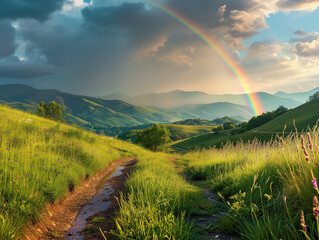 Majestic Rainbow Over Lush Green Mountain Landscape After Rain