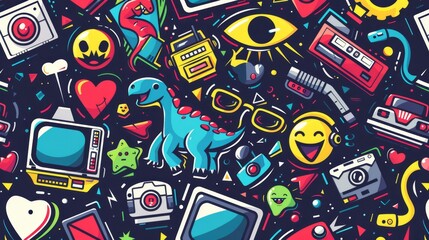 Set of retro stickers with colorful comic characters, emoji, dinosaurs wearing eyeglasses, TV set, cassette tapes, and heart eyeglasses on a black background.