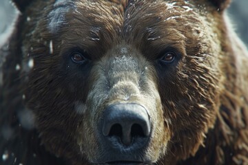 Close-up of a brown bear's face with a vivid and detailed expression in a natural setting