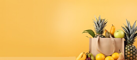 A mockup of a paper shopping bag filled with tropical fruit rests on a yellow background There is a...