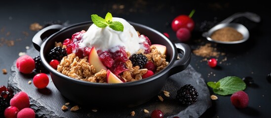 Top view of a delicious cranberry and apple crumble crisp topped with almond flakes and oats served in a bowl with yogurt and fresh berries The dish is placed on a dark stone concrete background with