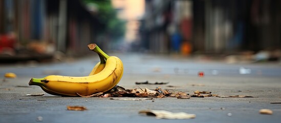 There is an organic trash item a banana peel on the street. Copy space image. Place for adding text...