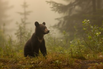 Young brown bear sits peacefully in a foggy woodland at dawn, surrounded by nature's tranquility