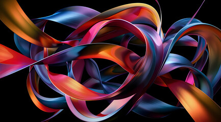 Abstract colorful shapes in the form of intertwined ribbons on a black background. Concept for a modern design, digital art using gradient colors