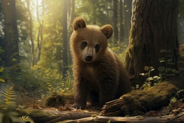 Tranquil and serene morning scene of a cute young bear cub in its natural habitat of the peaceful forest. Surrounded by calm sunbeams and lush flora