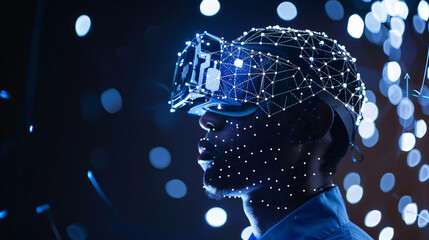 A close-up of a man wearing VR glasses with digital overlays and data points mapping his facial features.