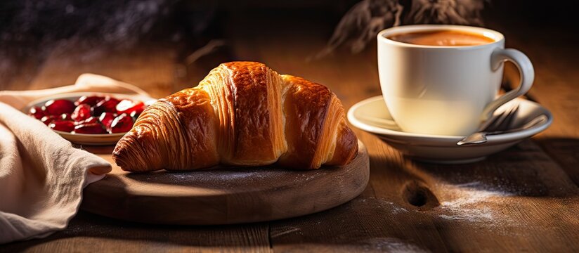 Enjoy a mouthwatering breakfast of a freshly baked French croissant served with steaming hot coffee accompanied by a classic combination of butter and jam. Copy space image