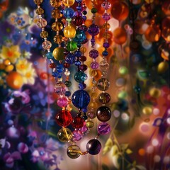 A set of colorful glass bead necklaces against a blurred painting, emphasizing the beads' translucence and variety. 
