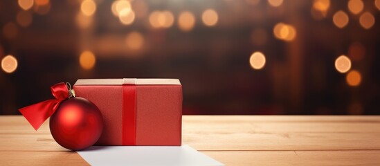 Red Christmas gift box with ribbon red ball hanging and a blank notepaper on the table providing an ideal copy space image for your text - Powered by Adobe
