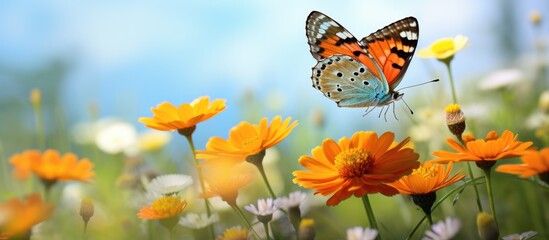 An orange butterfly rests on vibrant meadow flowers its delicate wings contrasting against the natural background The insects find solace in their habitat showcasing the beauty of butterflies as impo