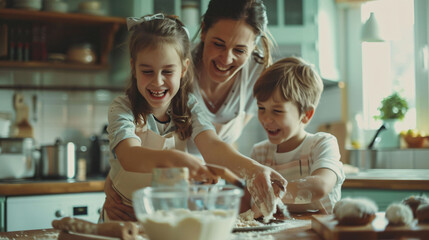 Capture the heartwarming spirit of Mother's Day with images of children joyfully playing and helping their moms in the kitchen