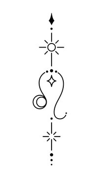 Leo zodiac sign and symbol blackwork tattoo. Sacred geometry horoscope tattoo design, mystic symbol of constellation. New school dotwork, line art minimalist style tattoo. Boho design.