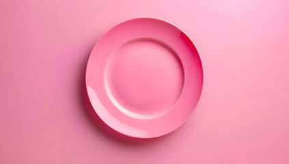 Pink background with pink plate in the middle, top view, flat lay - Powered by Adobe