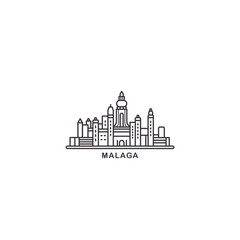 Malaga cityscape skyline city panorama vector flat modern logo icon. Spain, Andalusia town emblem idea with landmarks and building silhouettes. Isolated thin line black graphic