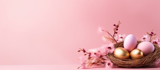 A pink background showcasing a flower nest holding golden eggs creating an Easter concept with plenty of copy space for text - Powered by Adobe