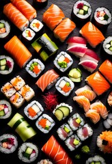 elegant display various sushi rolls artful garnishes, platter, assorted, garnished, japanese, cuisine, fresh, seafood, delicious, tasty, colorful