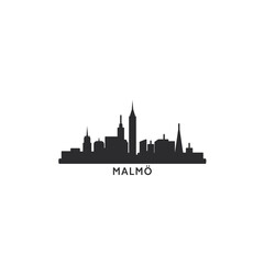Malmo cityscape skyline city panorama vector flat modern logo icon. Sweden town emblem horizon with landmarks and building silhouettes. Isolated simple black cliaprt graphic