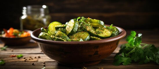 Traditional homemade fermented marinated pickled cucumbers seasoned with a blend of spices and herbs served in a rustic clay bowl on an old wooden table Ample copy space for your image