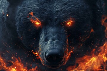 Glowing Bear face fiery red eyes. Wild head. Generate Ai
