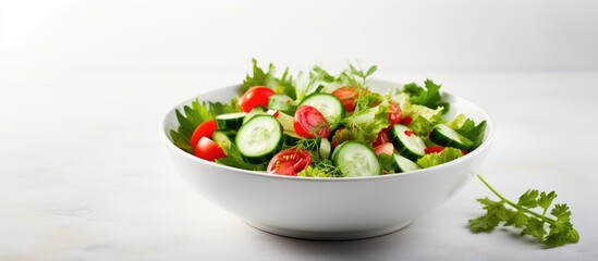 Top view of a fresh vegetable salad featuring tomato lettuce and cucumber placed on a light background The image includes empty space for additional content