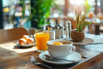 Morning breakfast setting with coffee, fresh orange juice, and eggs in hotel restaurant