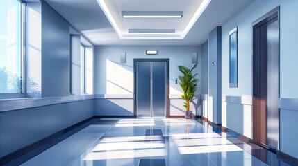 Modern illustration of an empty corridor with large windows and elevator door, suitable for hospital, hotel, university, shopping mall, office building interior design.