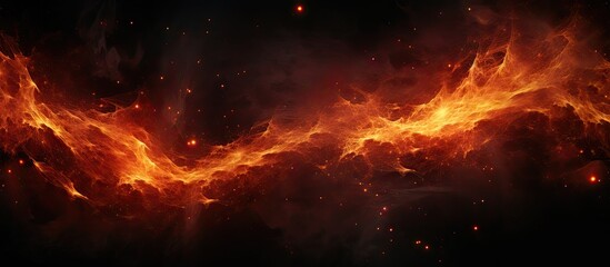 Fototapeta premium An abstract black background with fire flames as red hot sparks rise and fiery orange particles glow in flight copy space image