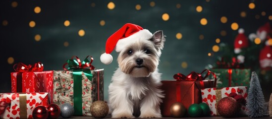 Copy space image showcasing a festive backdrop with various pet themed items such as toys accessories food and treats for cats and dogs along with Christmas and New Year decorations