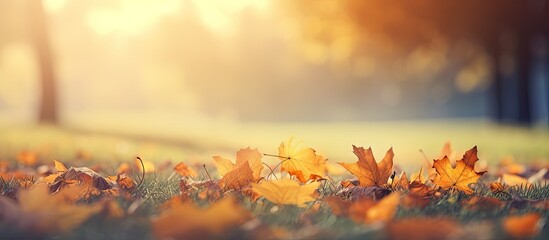 The copy space image of leaves scattered across a serene natural field creates a captivating autumn...