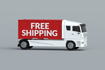 Special delivery conditions. International wholesale trade. Import and export of goods. Fast distribution. Inscription free shipping on freight container on truck. 3d render