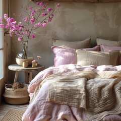 Scandinavian style interior design of modern bedroom. Bed with pink pillows and woven blanket